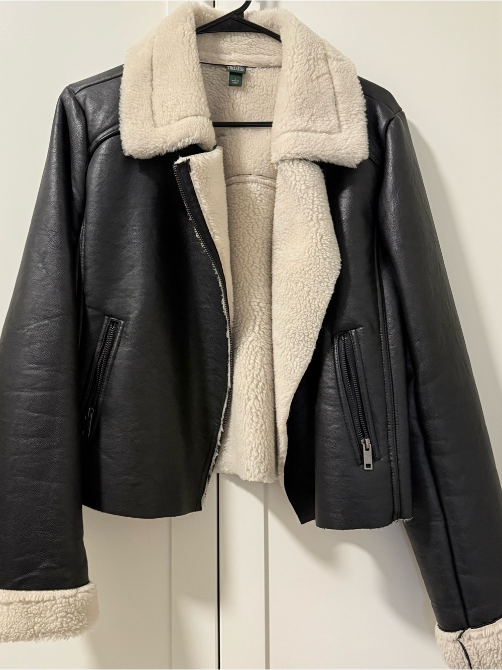 Women’s Black Faux Leather Shearling Jacket with Cream Lining